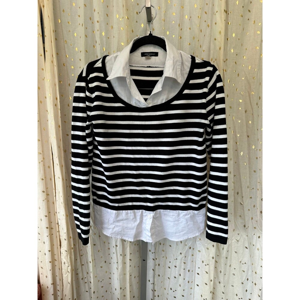 Cable & Gauge Stripe Pullover Ribbed Sweater Attached Layered Collared Shirt S